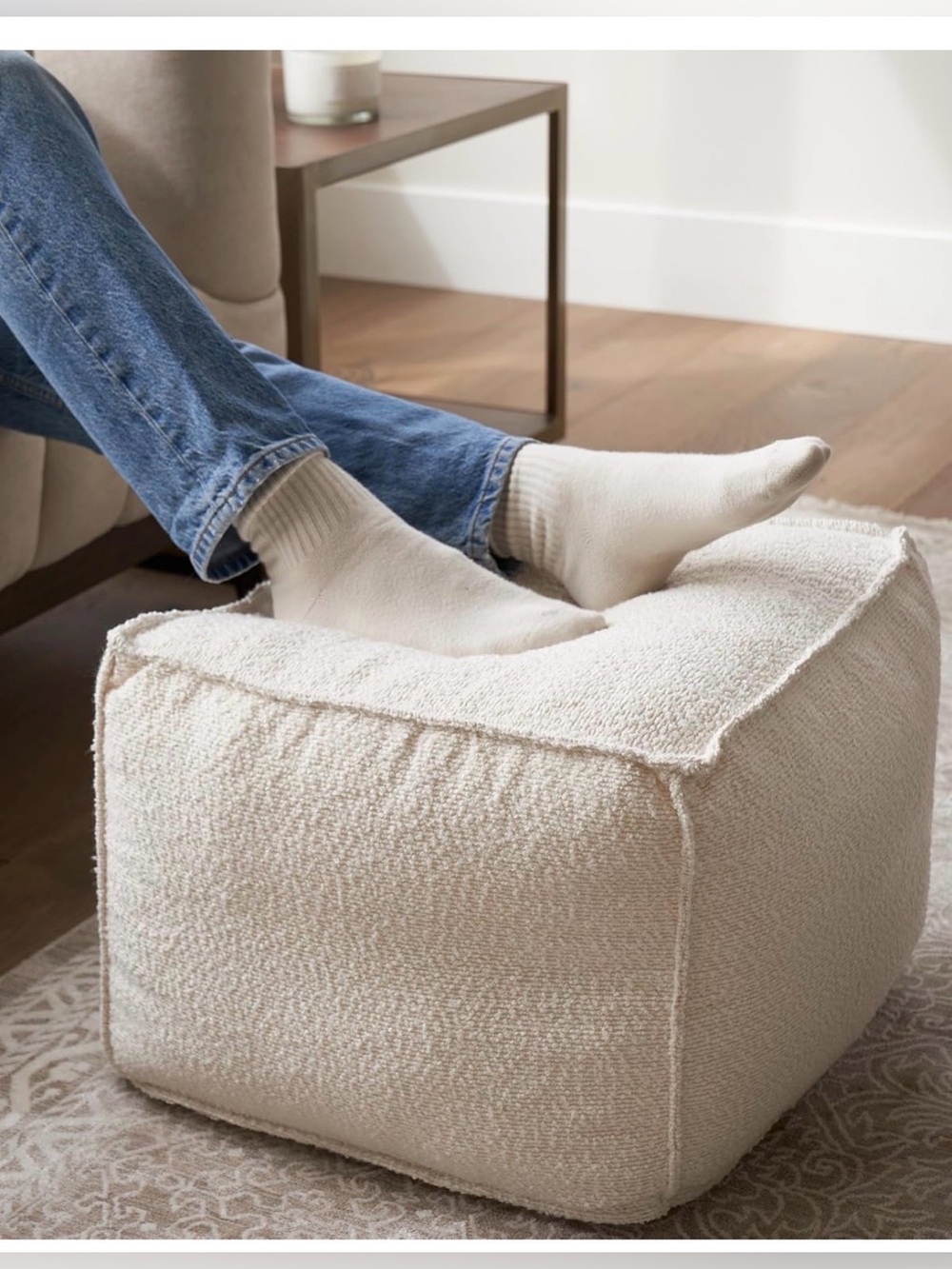 Neutral Cream Bouclé Footrest Pouf - Zicoto NWT